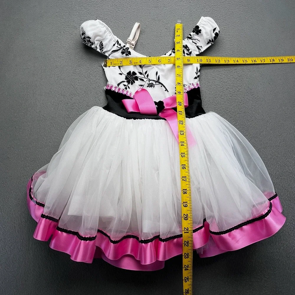 Dansco Girls Dance Costume Tutu Dress White‎ Black Pink Floral MC Ballet Recital
